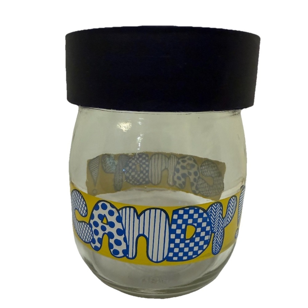 Vintage 70's Clear Glass "CANDY" Jar W/Blue Lid 3/4 L CARLTON GLASS Made in USA